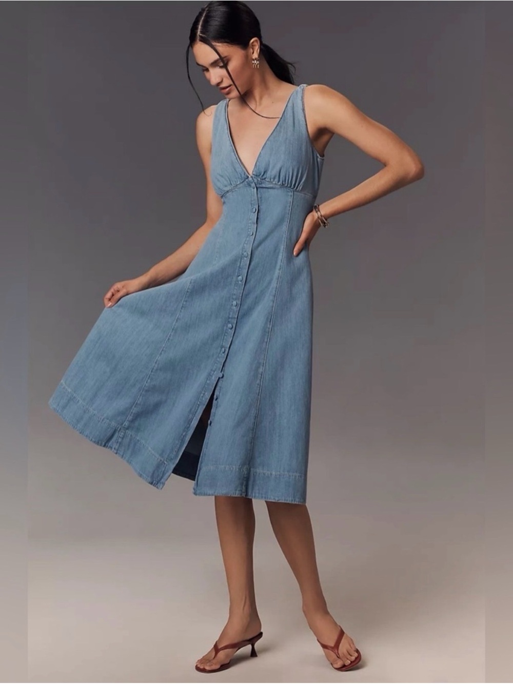 Reformation Light Blue Denim Button-Front V-Neck Midi Dress